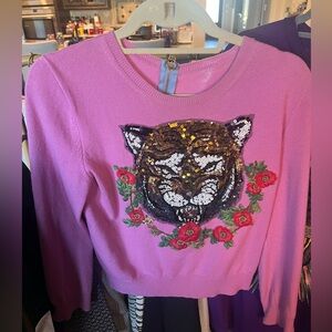 Pink Gucci Sweater with Sequin Tiger and Floral Design